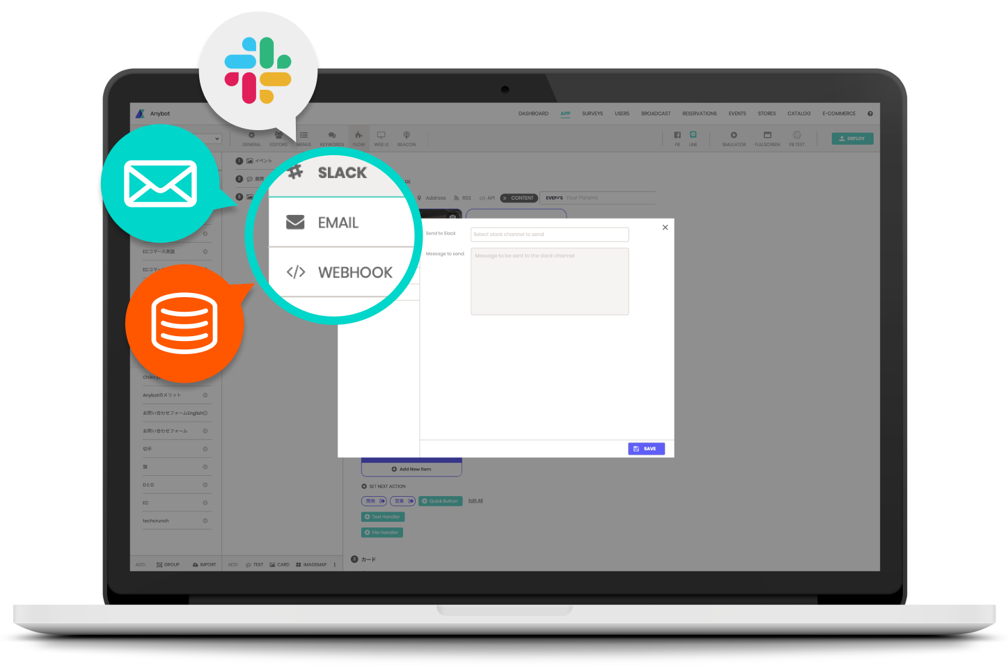 email/slack/database への通知 (API)